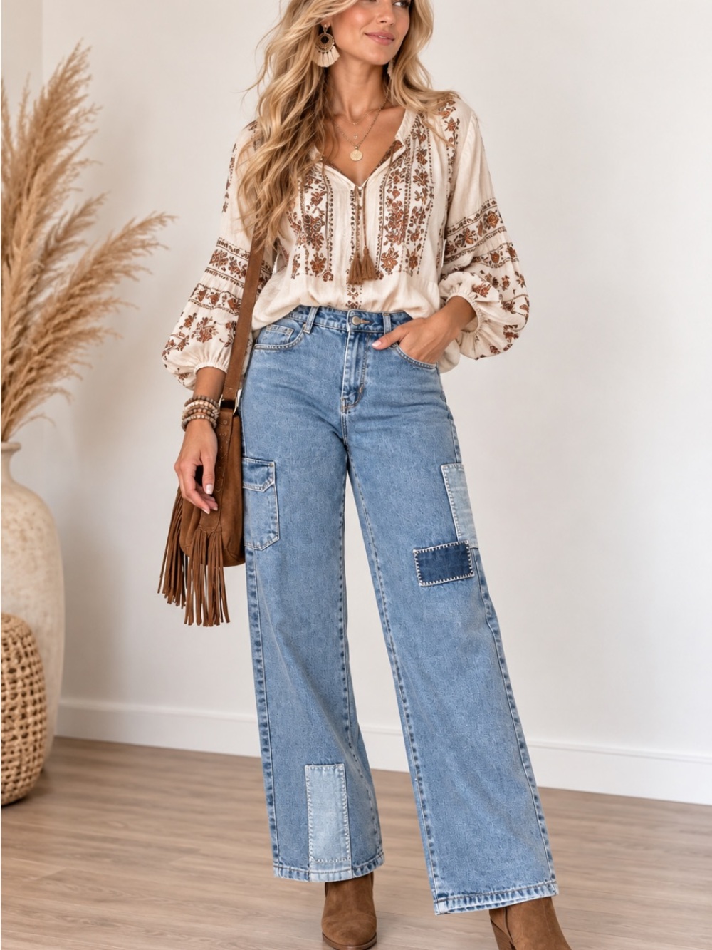 Bela Vela Waist 30 Patchwork Wide Leg Cargo Jeans Boho Denim